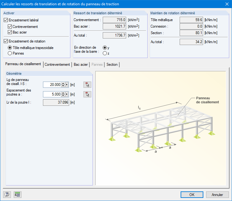 Calcul des ressorts de translation et de rotation du panneau de cisaillement