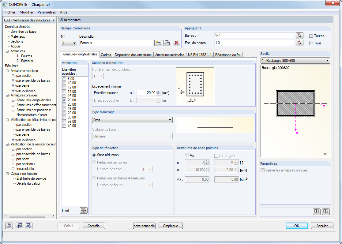 Paramètres d'armatures pour les poteaux