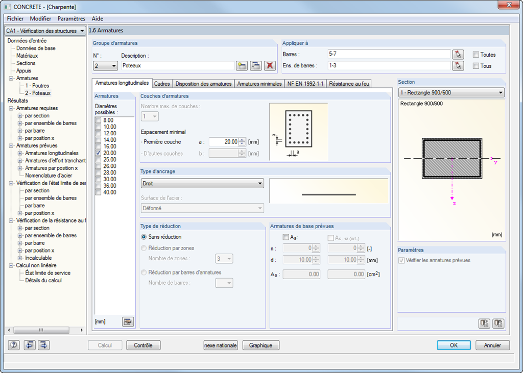 Paramètres d'armatures pour les poteaux