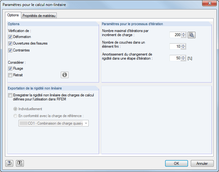 Paramètres de l'analyse non-linéaire