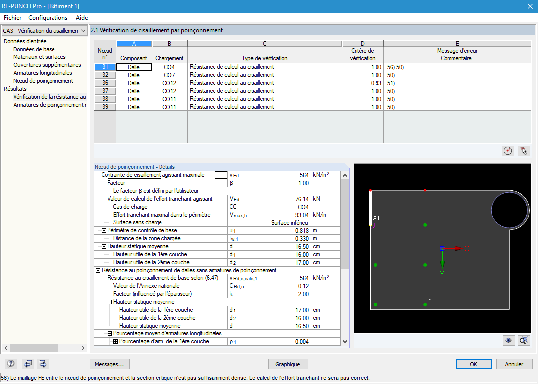Sortie du calcul de poinçonnement individuel