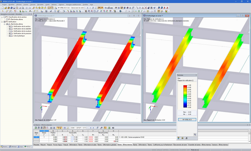 Vérification de l'acier dans RFEM sans (à gauche) et avec (à droite) la plasticité RF-STEEL