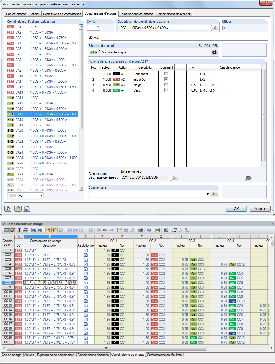 Kombinatorik-Dialog und Tabelle 2.5 Lastkombinationen