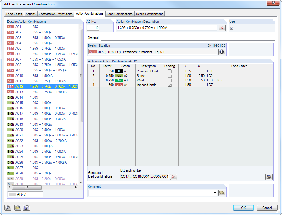 Einwirkungen in den generierten Einwirkungskombinationen