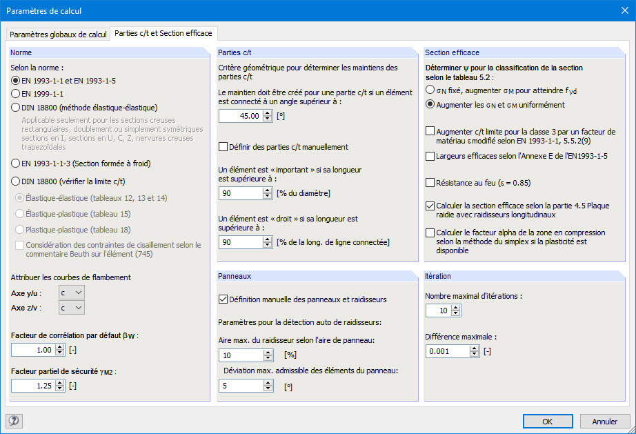 Programme des propriétés de section SHAPE-THIN | Paramètres de calcul : parties c/t et section efficace