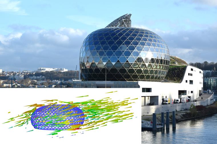 Simulation des charges de vent de la CIMU de l'Île Seguin, près de Paris, dans la soufflerie numérique de RWIND Simulation (© www.bouygues.com)
