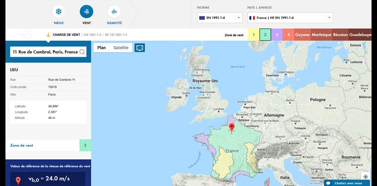 Détermination des charges de vent avec l'outil de géolocalisation en ligne Dlubal grâce à des services de cartographie basés sur le Cloud