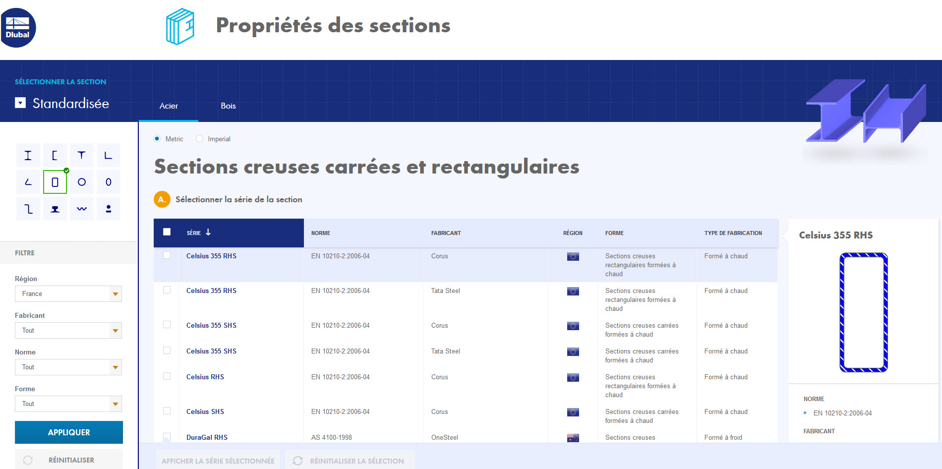 Bibliothèque de sections complète en ligne et détermination des propriétés de section pour le calcul de structure