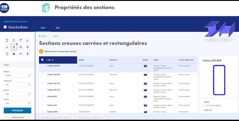 Bibliothèque de sections complète en ligne et détermination des propriétés de section pour le calcul de structure