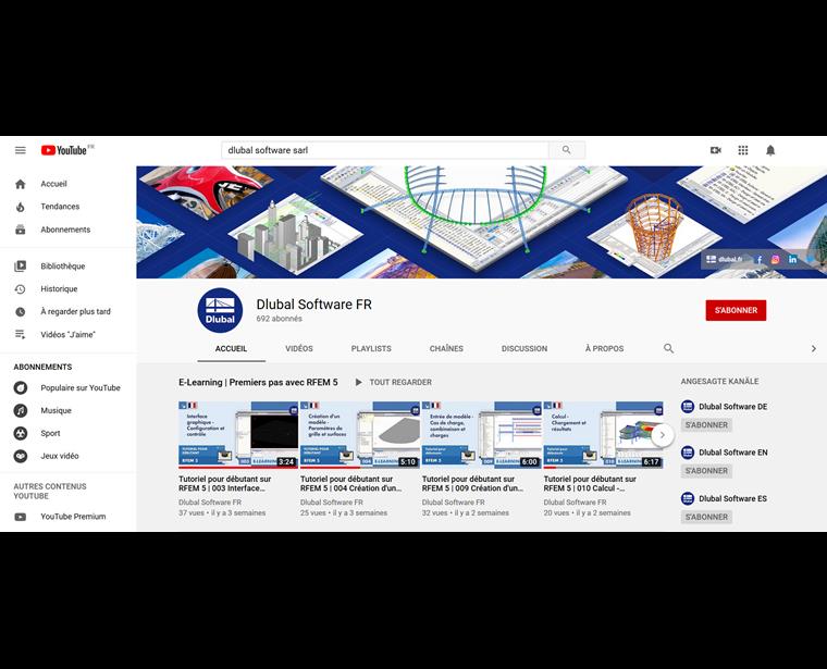 La chaîne YouTube Dlubal avec des webinaires et des vidéos sur divers thèmes portant sur le calcul de structure