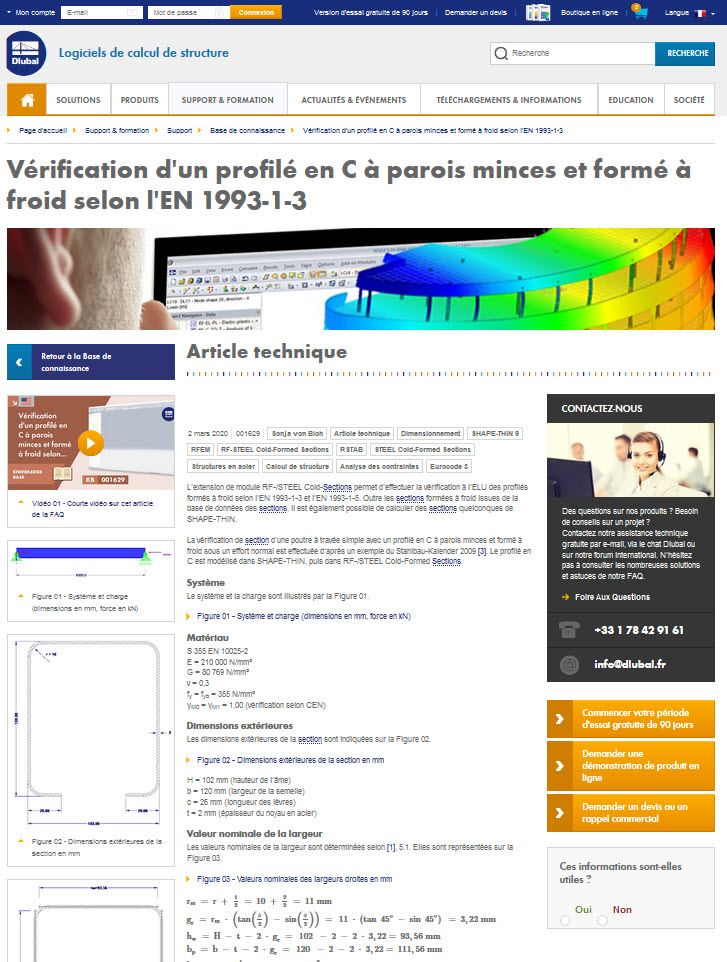 Base de connaissance en ligne Dlubal avec articles techniques et exemples de calcul