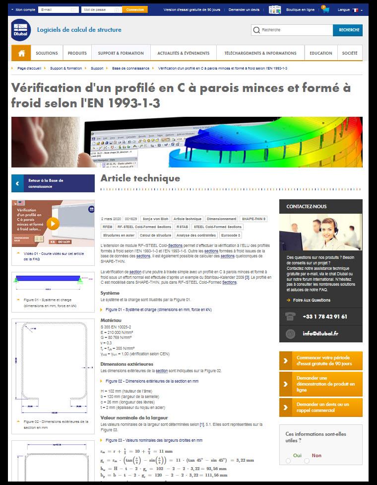 Base de connaissance en ligne Dlubal avec articles techniques et exemples de calcul