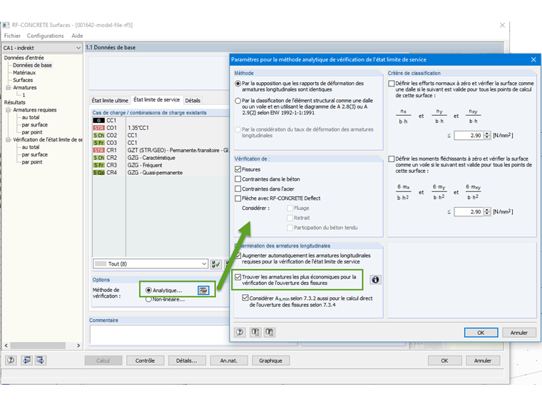 RF-CONCRETE Surfaces : Trouver les armatures les plus économiques pour la vérification de l’ouverture des fissures