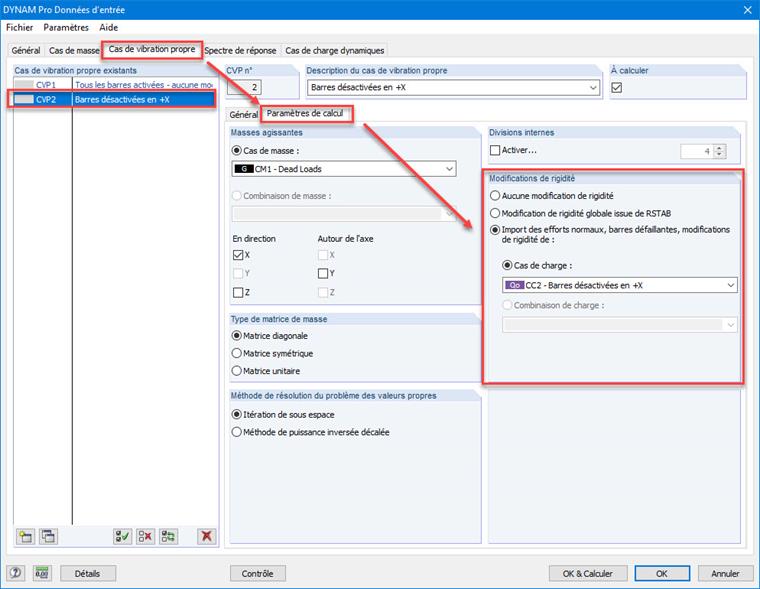 Option « Modifications de rigidité » dans DYNAM Pro