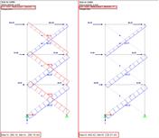 Comparaison des efforts normaux dans les barres de traction : non-linéarités non considérées (à gauche) et considérées (à droite)