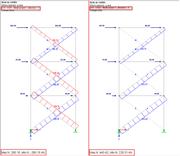 Comparaison des efforts normaux dans les barres de traction : non-linéarités non considérées (à gauche) et considérées (à droite)