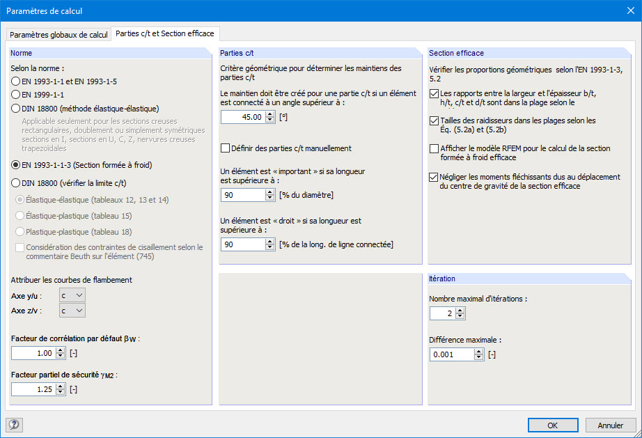 Paramètres de calcul
