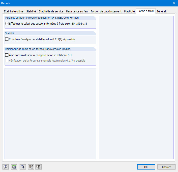 Détails, onglet Profilés formés à froid