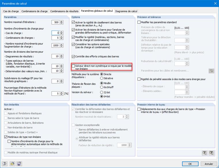 Paramètres de calcul de la boîte de dialogue