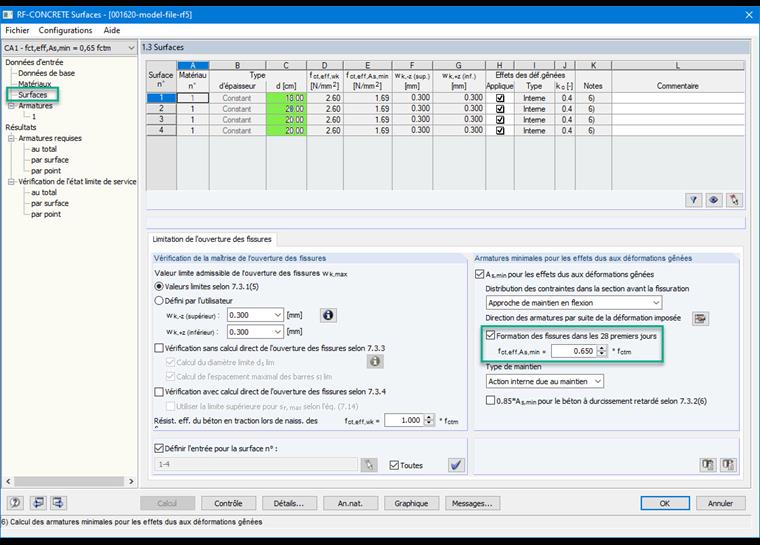 Entrée du facteur de réduction de la valeur fct,eff,As,min