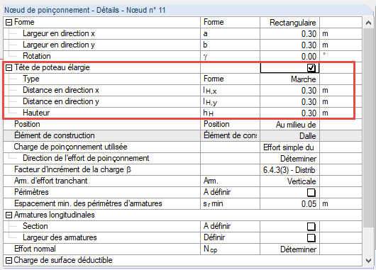 Entrée du poteau avec chapiteau dans la boîte de dialogue « 1.5 Nœuds de poinçonnement »