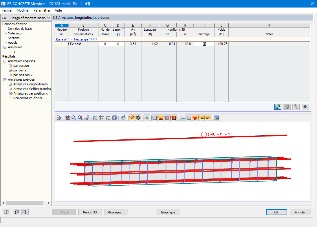 RF-CONCRETE Members - Armatures longitudinales prévues