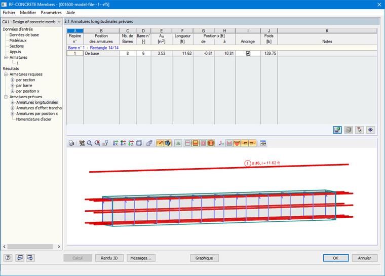 RF-CONCRETE Members - Armatures longitudinales prévues