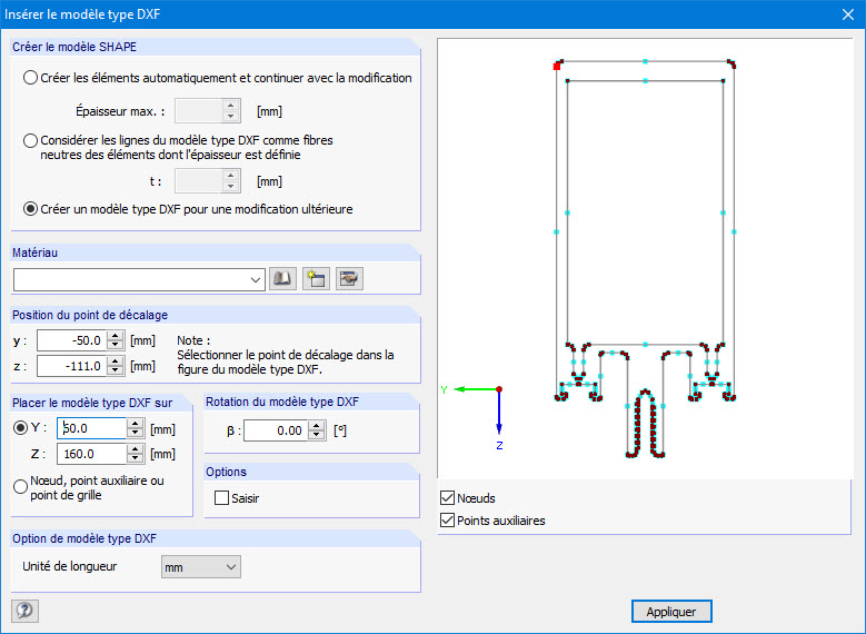 Boîte de dialogue « Insérer le modèle type DXF »