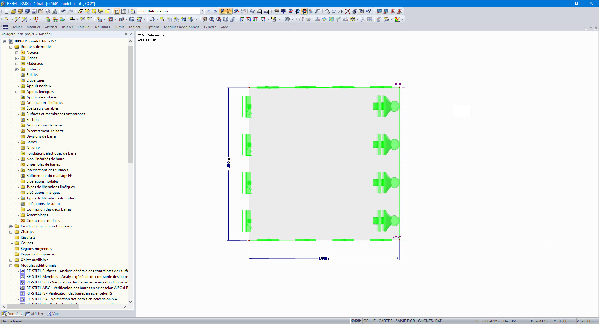 Modèle de calcul dans RFEM : un élément EF maintenu à gauche, puis aligné à droite