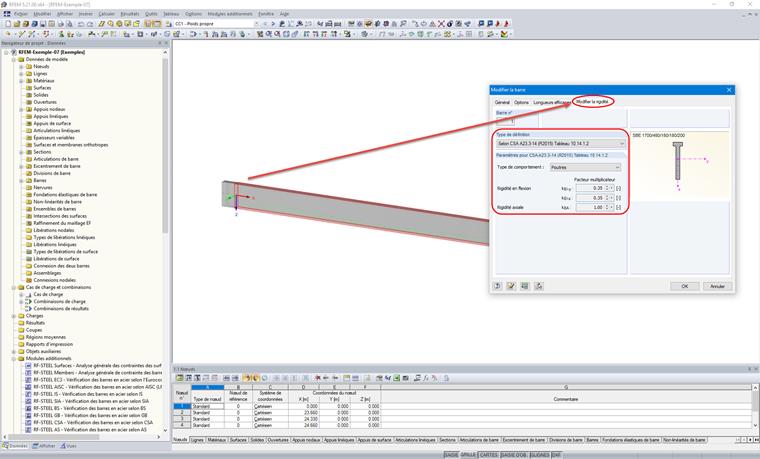 Sélection du type de définition pour la modification de la rigidité du béton selon la CSA A23.3-14