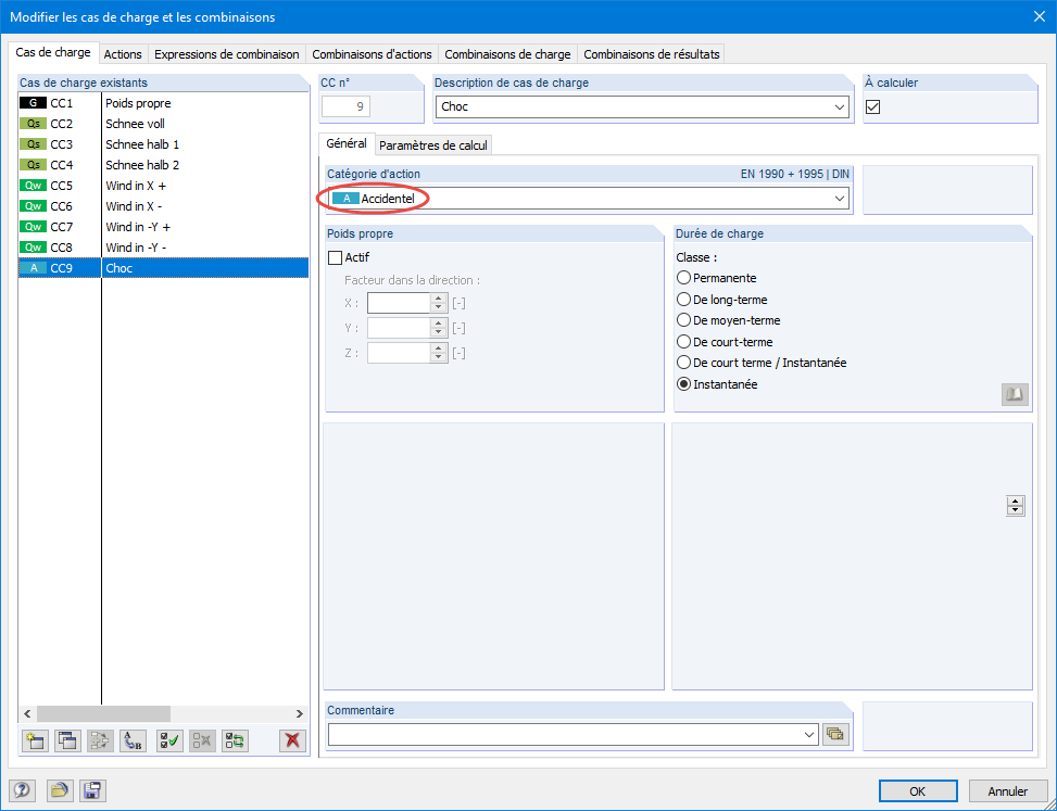 Nouveau cas de charge avec la catégorie d'action « Accidentel »