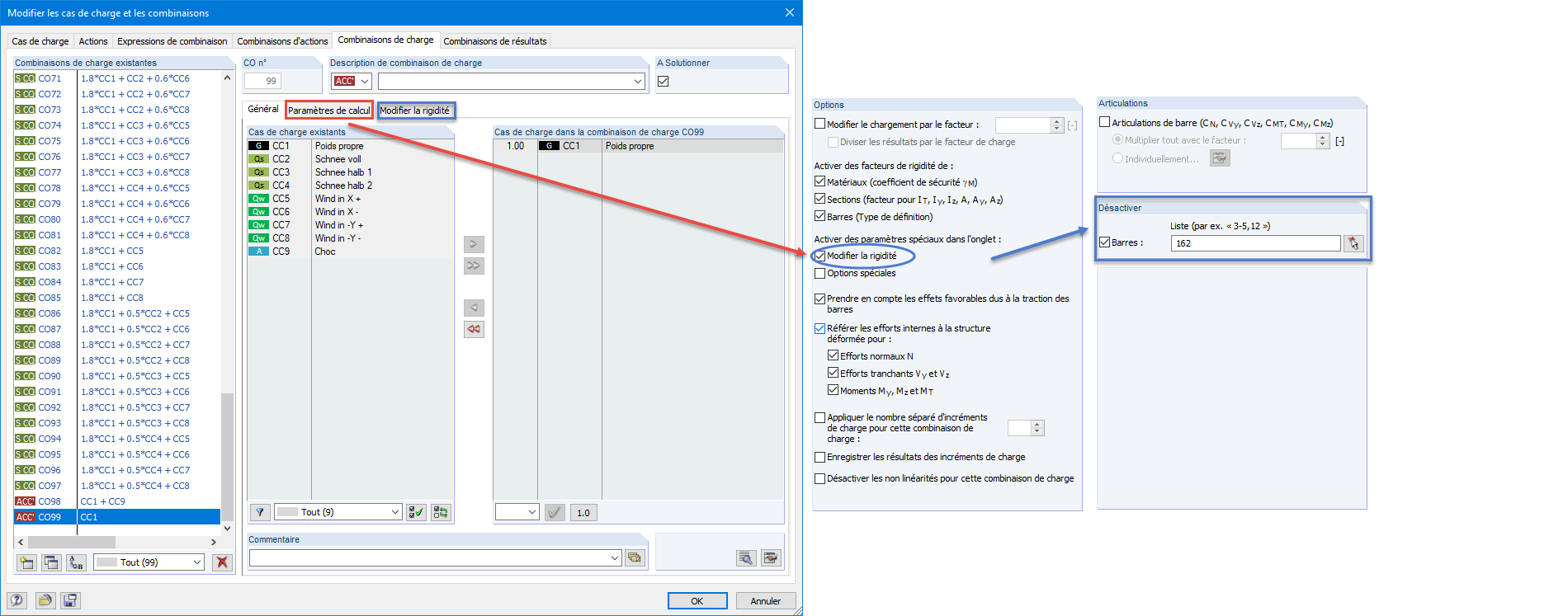 Désactivation du poteau pour une combinaison de charges donnée