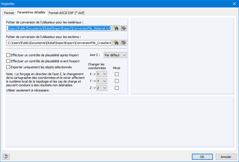 Paramètres d'importation détaillés