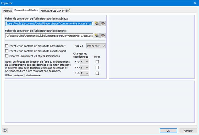 Paramètres d'importation détaillés
