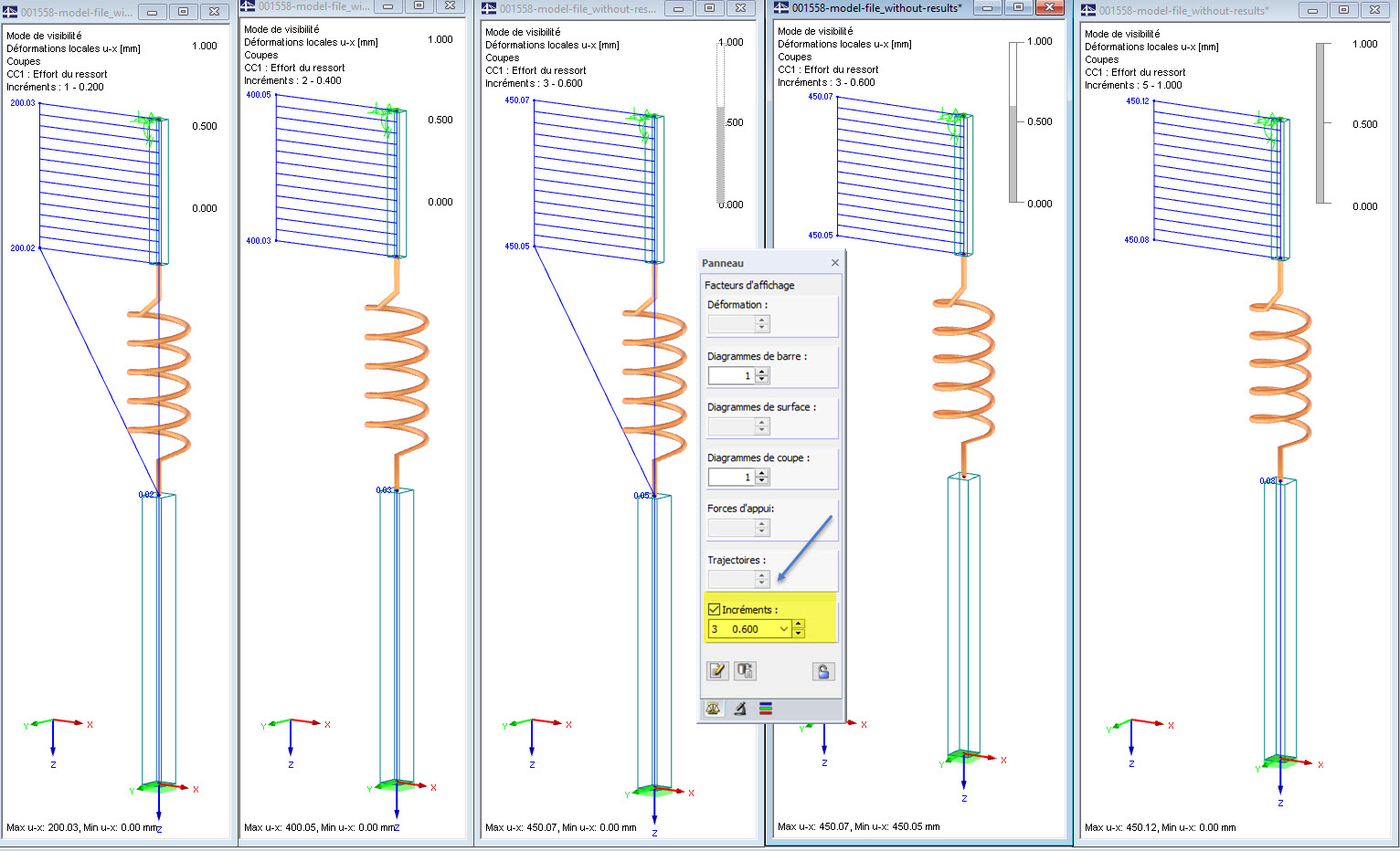 Déformations de barre u-x des cinq incréments de charge