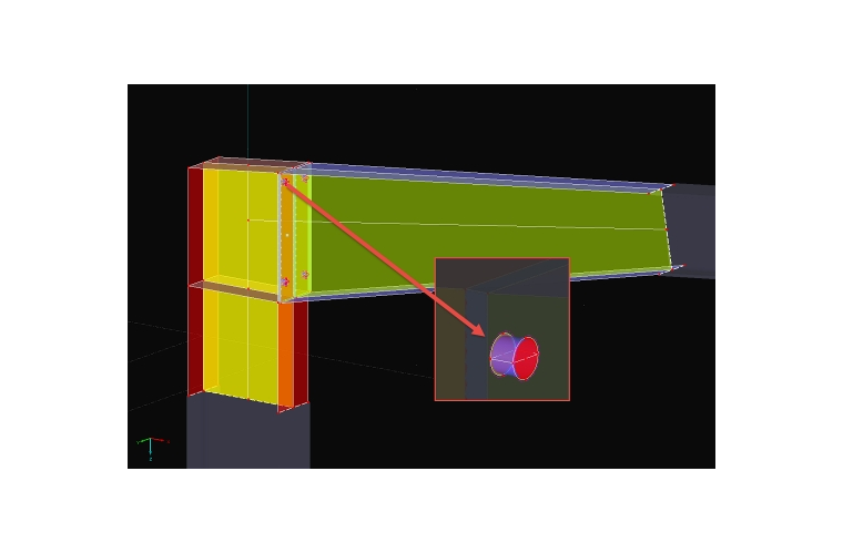 Modélisation terminée de l’angle du portique avec des boulons et des barres rigides