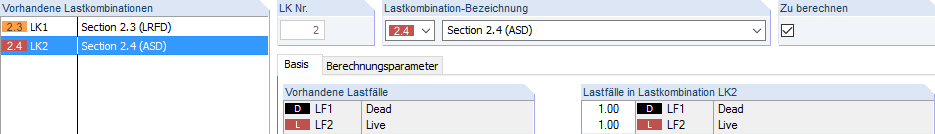 Combinaison de charges 2 selon ASD