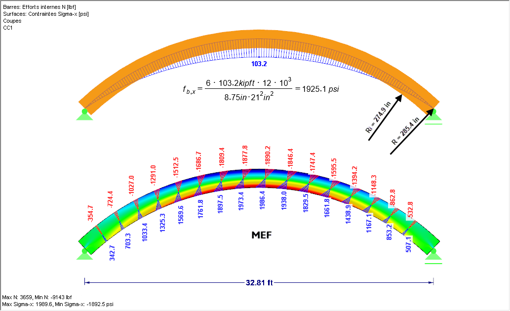Comparaison des contraintes de flexion sur un modèle de poutre et sur un modèle de surface (MEF)