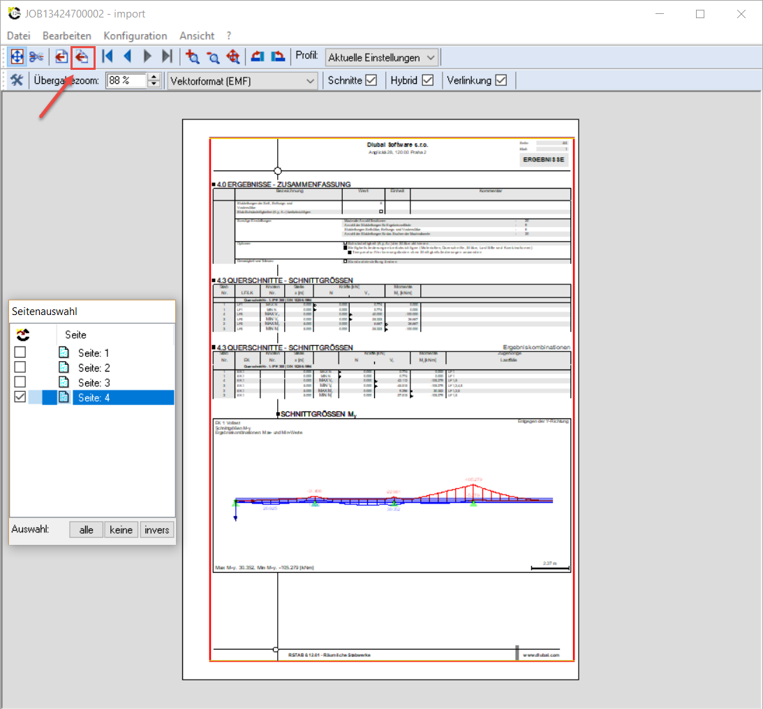 Zone de transfert et sélection de page et exportation vers VCmaster