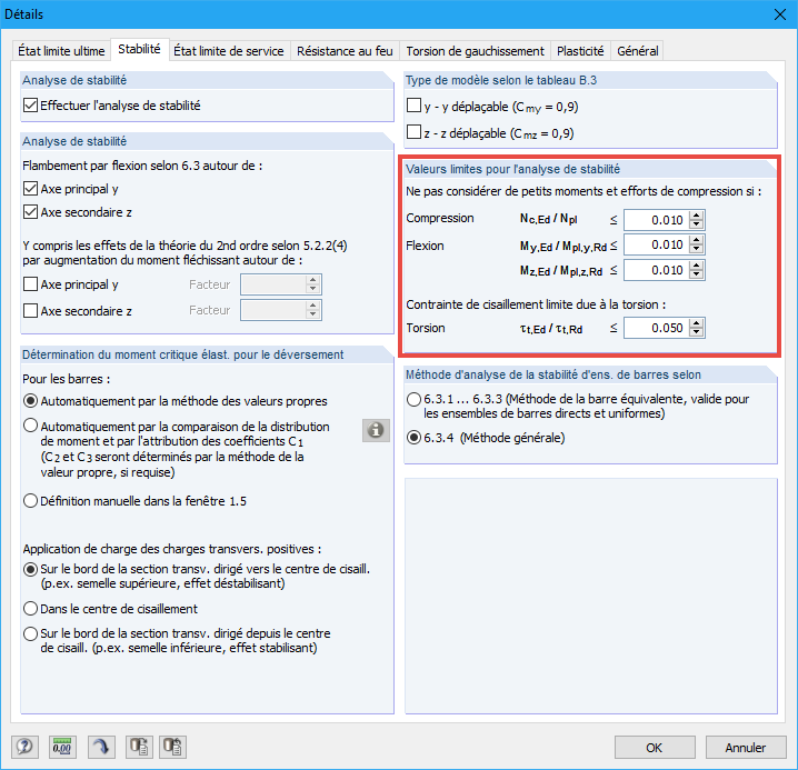 Définition des « Valeurs limites de l’analyse de stabilité »