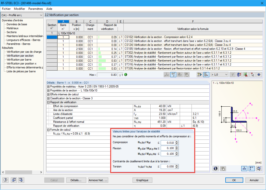 Valeurs limites du cas 1 et analyse de flambement réussie
