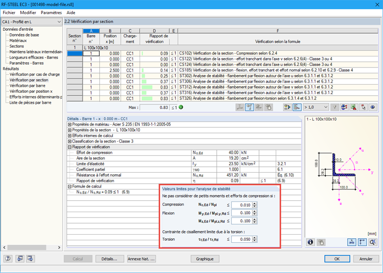 Valeurs limites du cas 1 et analyse de flambement réussie