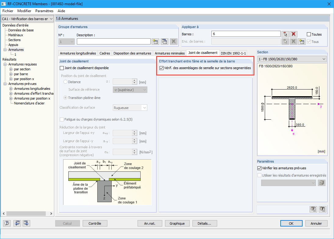 Activation de la considération des efforts tranchants entre l’âme et la semelle dans RF CONCRETE Members