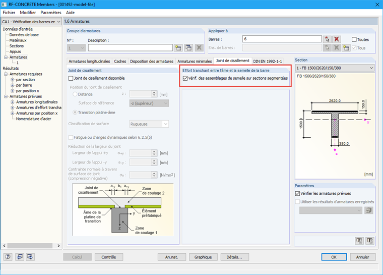 Activation de la considération des efforts tranchants entre l’âme et la semelle dans RF CONCRETE Members
