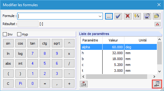 Bouton [Modifier les paramètres] de l'éditeur de formules