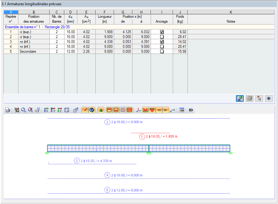 Fenêtre « 3.1 Armature longitudinale fournie » dans CONCRETE