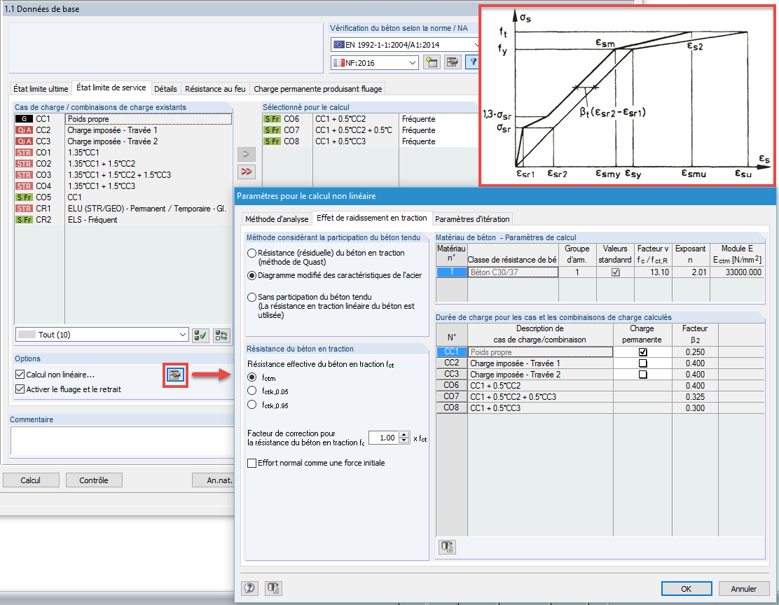 Fenêtre « 1.1 Données de base » pour l’ELS avec les paramètres pour le calcul non linéaire selon [2]