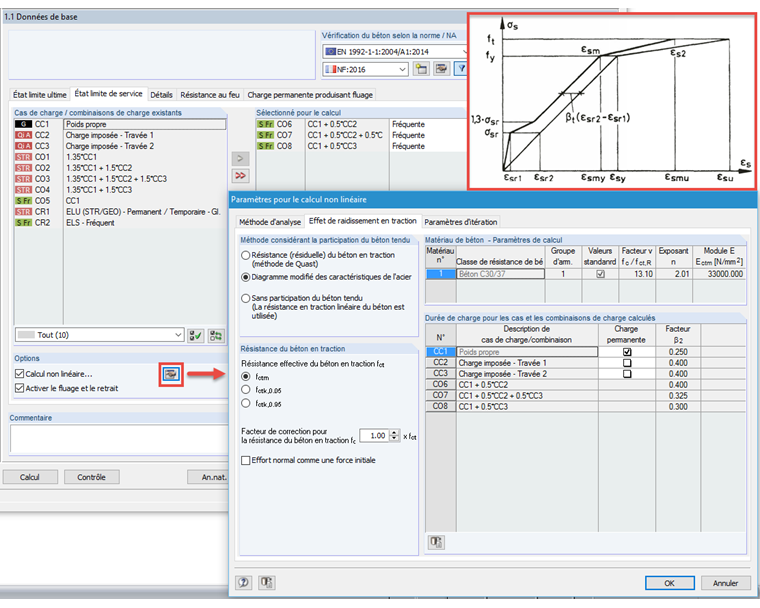 Fenêtre « 1.1 Données de base » pour l’ELS avec les paramètres pour le calcul non linéaire selon [2]