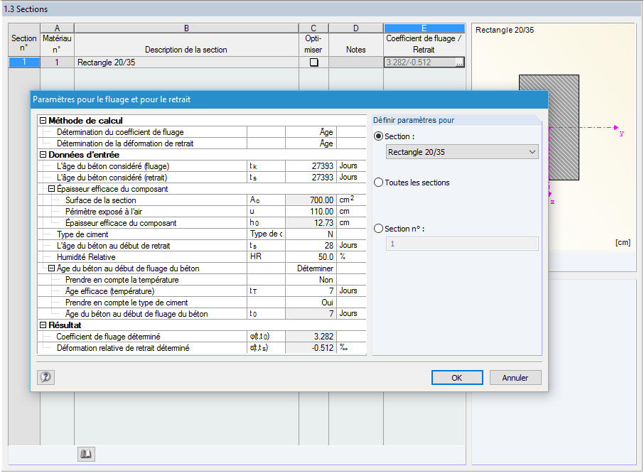 Fenêtre « 1.3 Sections » avec les paramètres pour le fluage et le retrait