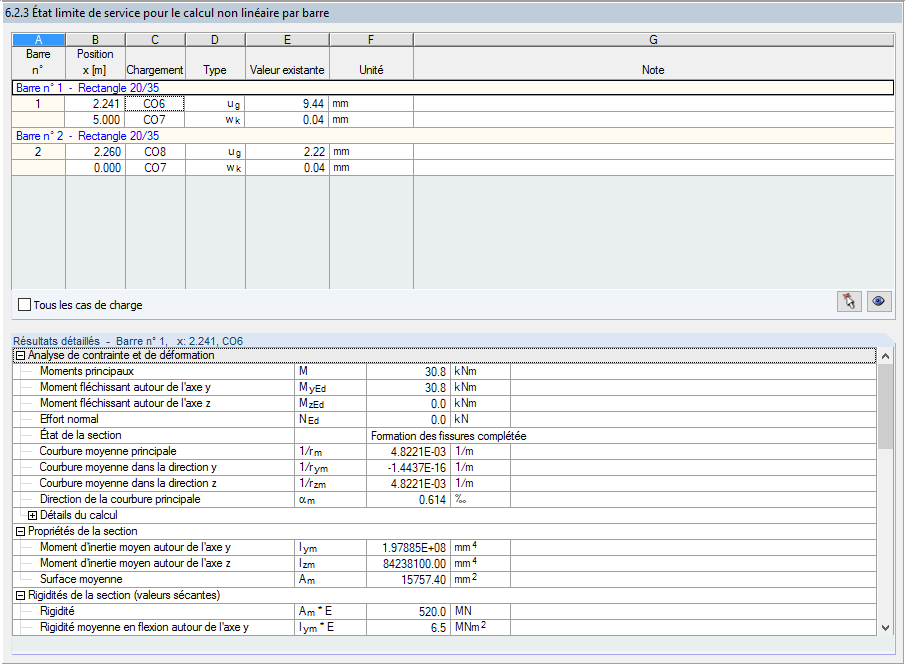 Fenêtre « 6.2.3 État limite de service pour le calcul non linéaire par barre »